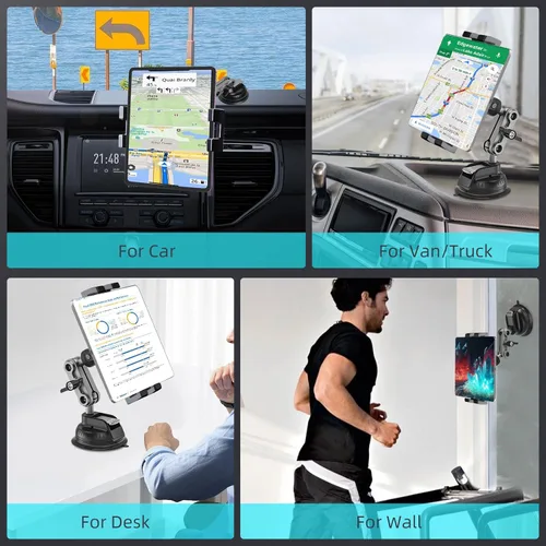 Vista 8 de Porfortop - Soporte de aluminio resistente para tablero de instrumentos y parabrisas, soporte de metal de 360° de 2 etapas, ventosa para iPad