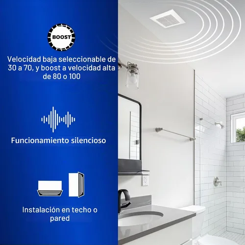 Vista 4 de Panasonic WhisperValue Ventilador Extractor de Baño de Doble Velocidad para Montaje en Techo/Pared, 30 a 100 CFM, FV-0810VSS1