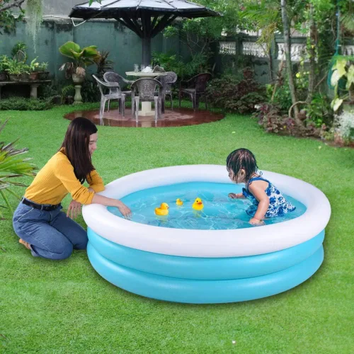 Vista 4 de Piscina inflable para niños, piscina de barandilla de 60 x 16 pulgadas de grosor para niños, piscina inflable azul y blanca para juegos de fiesta