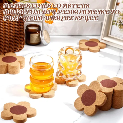 Vista 5 de Foaincore 48 posavasos gruesos de corcho con flores para bebidas de 4 pulgadas, absorbentes, reutilizables, de madera rústica, para café, vino