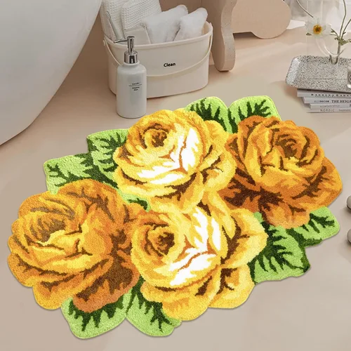 Vista 15 de USTIDE Bonita alfombra de baño de rosas para baño, alfombra de baño naranja de lujo, antideslizante, con forma de flor, alfombra de ducha de felpa