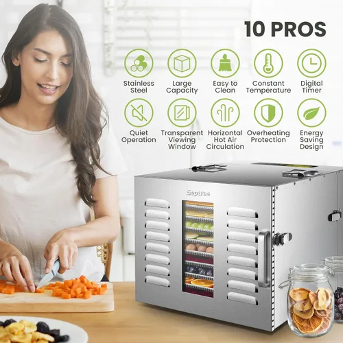 Vista 6 de Máquina deshidratadora de alimentos de 10 bandejas comerciales para cecina y hierbas, área utilizable de hasta 24.65 pies² y temperatura de 194℉