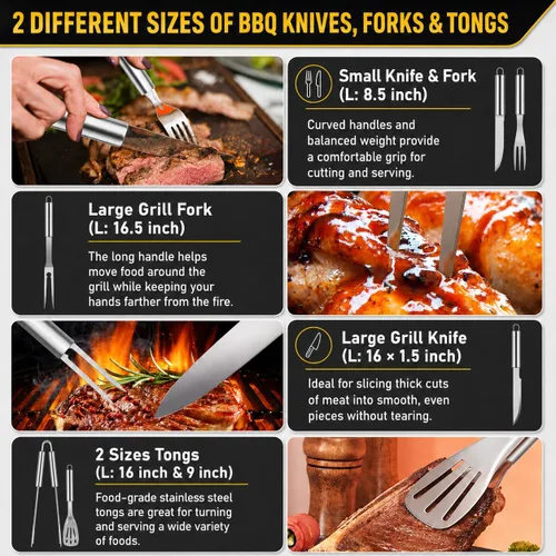 Vista 5 de 34 accesorios para parrilla, regalos para hombres, accesorios de barbacoa resistentes de 16 pulgadas, herramientas de barbacoa de acero inoxidable