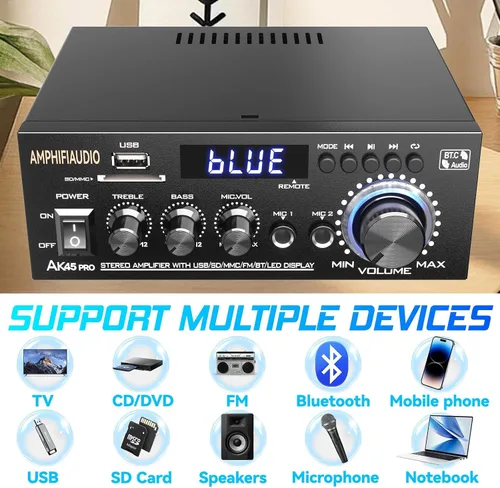 Vista 5 de Amplificador estéreo AK45 Pro Receptores de audio para el hogar, potencia nominal 50W x2, máx. 800W, receptor de audio estéreo de 2.0 canales