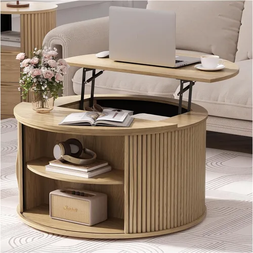 Vista 16 de JOINICE Mesa auxiliar ovalada de 42.5 pulgadas con almacenamiento, moderna mesa central negra con diseño estriado, patas de madera maciza