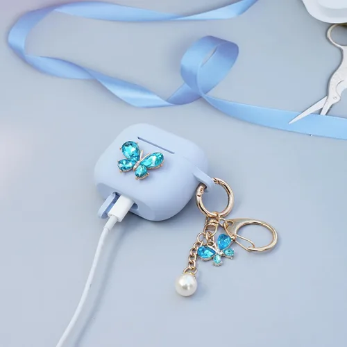 Vista 3 de Wonhibo Funda para Airpods 3, bonita funda de diseño azul mariposa para Airpod 3ª serie 3 tercera generación 2021 con llavero