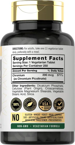 Vista 2 de Carlyle Picolinato de Cromo 200mcg 250 Tabletas Vegetarianas Alta absorción Suplemento sin OMG, sin gluten