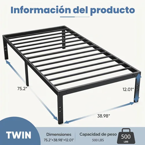 Vista 2 de DUMOS Base de cama de tamaño individual de 12 pulgadas, base de colchón de plataforma de metal con soporte de listones de acero, no necesita somier