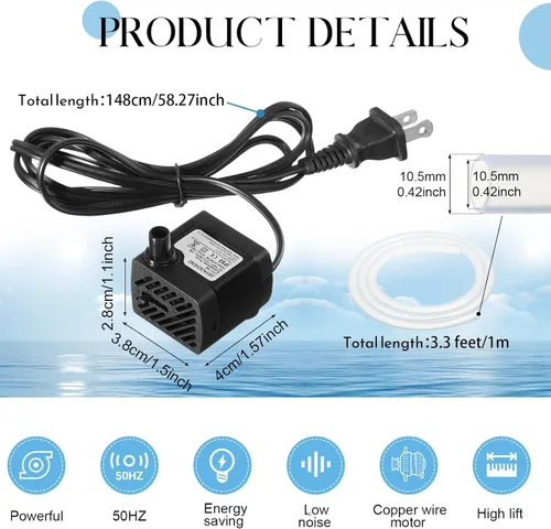 Vista 2 de Lounsweer Juego de 12 mini bomba de fuente de 50 GPH 3W pequeña bomba de agua sumergible con tubo de 3.3 pies aspirador eléctrico silencioso