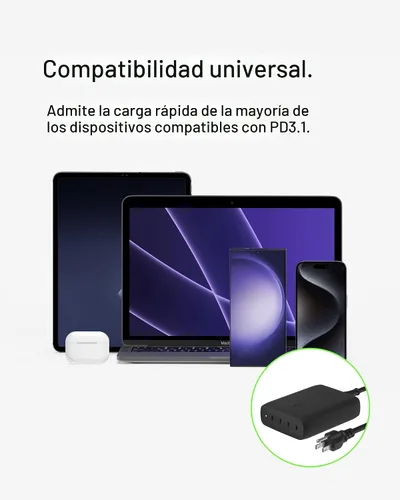 Vista 6 de Belkin Bloque de cargador USB C de 4 puertos, cargador multipuerto GaN de 200 W, carga rápida USB-C PD 3.1 + cable de alimentación de 5 pies