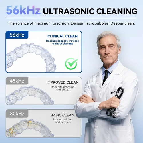 Vista 3 de Limpiador ultrasónico portátil, limpiador ultrasónico de retenedores de 56 kHz, máquina limpiadora de retenedores iluminados mejorada para Negro