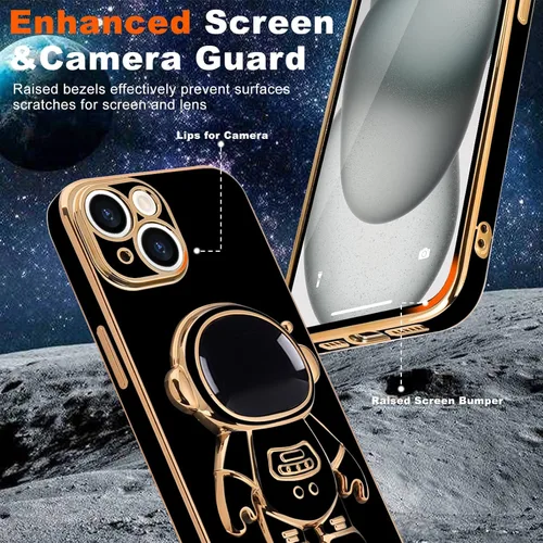 Vista 3 de Pepmune - Funda para iPhone 15 con soporte de astronauta 3D, color negro [2 Screen Protector], Luxury Electroplated Soft TPU Cover with Kickstand