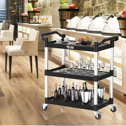 Vista 8 de TUFFIOM Carrito de servicio de plástico de 3 niveles con ruedas, resistente capacidad de 390 libras, rodante comercial, ideal para restaurantes