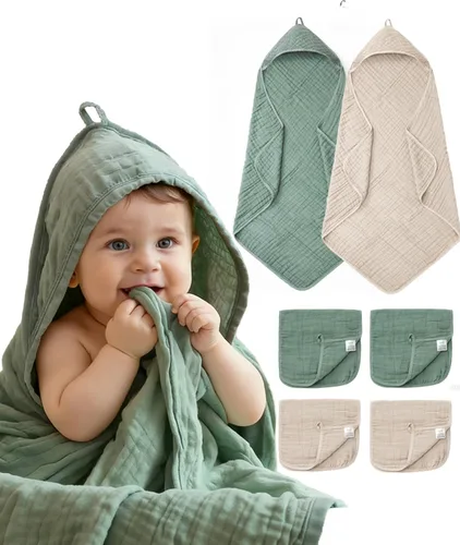 Vista 19 de Toallas de bebé con capucha para recién nacido, 35 x 35 pulgadas, paquete de 3 toallas de baño 100% algodón de muselina para bebé, toallas de playa