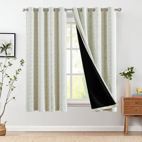 Vista 19 de jinchan - Cortinas bohemias 100% blackout de 54 pulgadas de largo para dormitorio, estampado geométrico negro sobre beige, con ojales