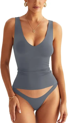 Vista 20 de EasyGala Camisetas sin mangas con cuello en V para mujer, con doble forro, básicas, ajustadas, para verano, para salir, Y2K, a la moda Negro