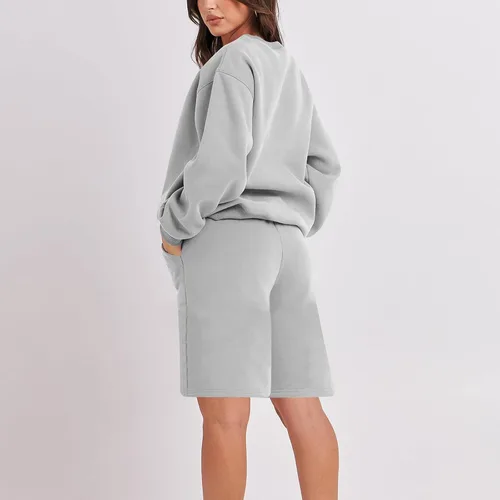 Vista 6 de DOLKFU Womens 2 Piece Outfits Trendy Long Sleeve Crewneck Hoodie Sweatshirt and High Waist Shorts Set Casual Fall Tracksuit