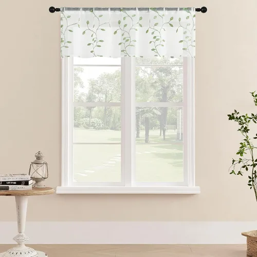 Vista 19 de MRTREES Cenefa de cortina transparente de Navidad, 2 paneles de cortinas bordadas con hojas pequeñas de 54 x 16 pulgadas, bolsillo para barra