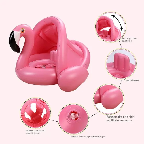 Vista 5 de Flotador de piscina para bebés con dosel, anillo de natación inflable de flamenco, flotadores de piscina infantil, juguetes para bebés, niñas