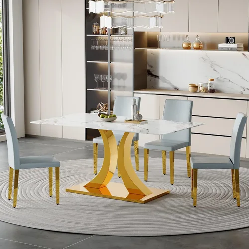 Vista 23 de Juego de mesa de comedor de mármol para 4, moderna mesa de oro blanco de 63 pulgadas con patas de marco de forma intercambiable y sillas de comedor