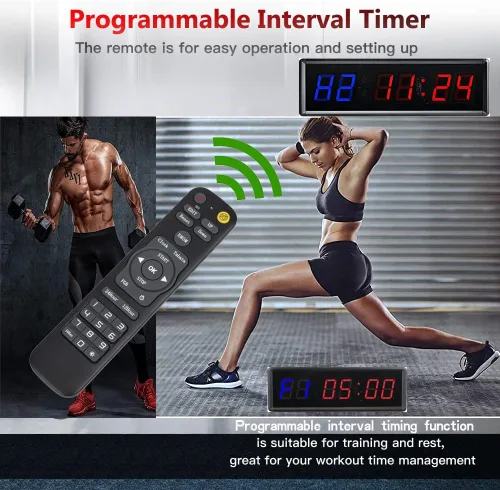 Vista 2 de Reloj de gimnasio con control remoto, temporizador LED de metal de 1.5 pulgadas y 1.8 pulgadas, cronómetro de entrenamiento Crossfit, cuenta