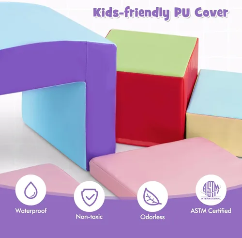 Vista 4 de Olakids Juguetes de Escalada para Niños Pequeños, 7 Piezas de Bloques de Espuma para Bebés de Interior, Juego Suave con Cuero PU, Estructura