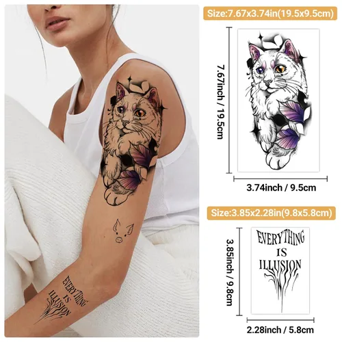 Vista 3 de 77 hojas de tatuajes temporales, 17 hojas de tatuajes de medio brazo de gatos, perros, conejos, leones y elefantes lindos para hombres, mujeres