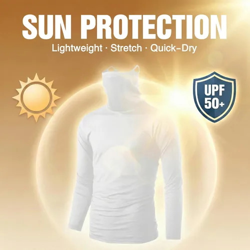 Vista 6 de Ohoo Camiseta deportiva de manga larga para hombre, ligera, fresca y seca, UPF 50+, protección solar, cuello alto falso, con capucha
