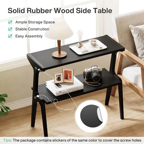 Vista 6 de Tribesigns Mesa auxiliar de madera maciza, mesa de dos niveles moderna y delgada para sofá con estantes de almacenamiento, mesa lateral alta