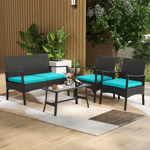 Vista 2 de HAPPYGRILL Juego de 4 muebles de mimbre para patio, juego de conversación de mimbre de polietileno, sofá de ratán con cojines, mesa de centro
