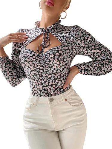 Vista 3 de Floerns Body de leotardo de manga larga abombada con corte floral para mujer