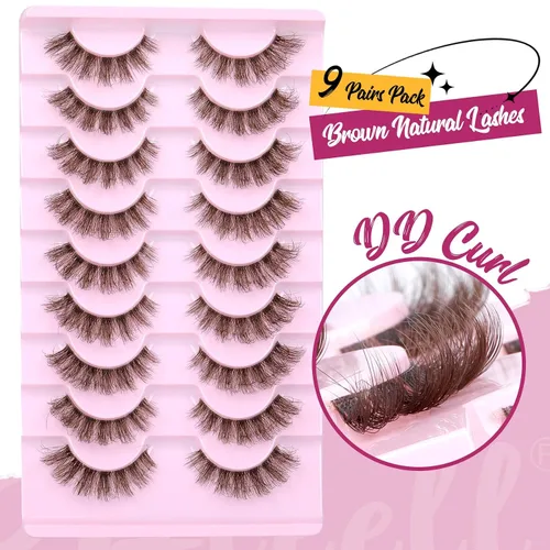 Vista 5 de Pestañas Marrones de Aspecto Natural Pestañas Postizas de Visón Sintético 6D Esponjosas y Voluminosas con Curvatura DD Paquete de 9 Pares