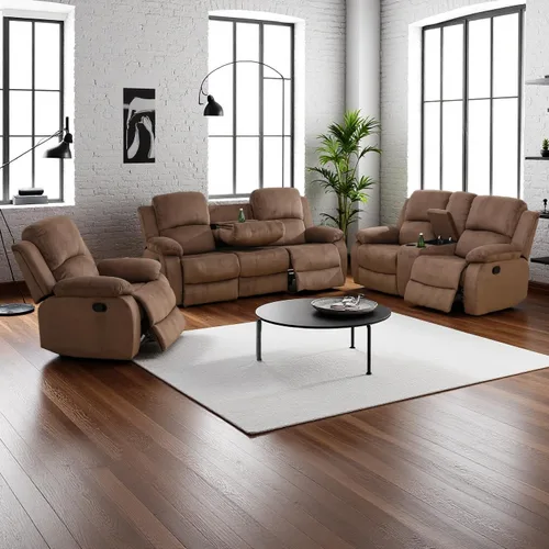 Vista 10 de Juego de sofá reclinable manual con mesa desplegable, juegos de sofás de pana, juegos de muebles de sala de estar, juegos de sofá reclinable manual
