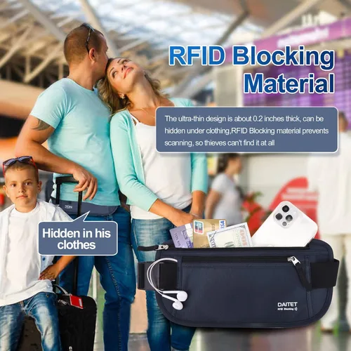 Vista 116 de DAITET Cinturón de dinero, soporte para pasaporte, cartera de viaje oculta segura con bloqueo RFID, riñonera encubierta (negro), Negro, Rfid