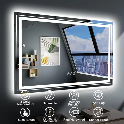 Vista 7 de Snowdool Espejo LED de baño, 48 x 40 pulgadas con luz frontal y retroiluminada, antivaho, espejo grande de tocador de baño para pared, función
