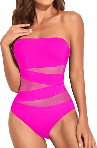 Vista 4 de Holipick Traje de baño de una pieza sin tirantes para mujer, sexy, con corte de malla, con control de abdomen