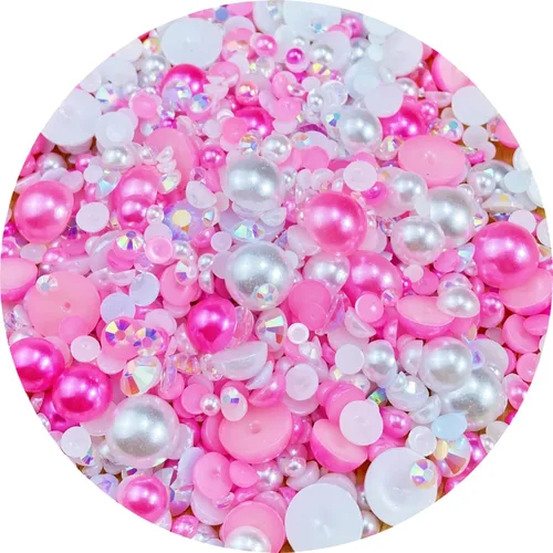 Vista 25 de Cuentas de resina con diamantes de imitación, mitad redonda, cuentas de perlas planas de 30 g, cuentas de media perla con diamantes de imitación