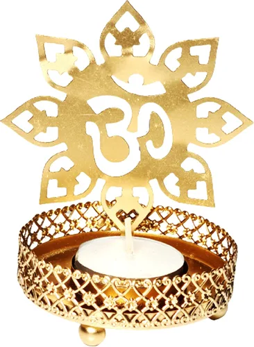 Vista 2 de Om Shape Diwali Shadow Diya. Deepawali Diya decorativo tradicional en forma de Om para el hogar/oficina. Soporte religioso para velas de té