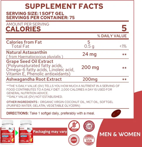 Vista 2 de Suplementos de astaxantina de 24 mg, suministro para 5 meses – Aceite de coco MCT, fuente de microalgas frescas con aceite de semilla de uva