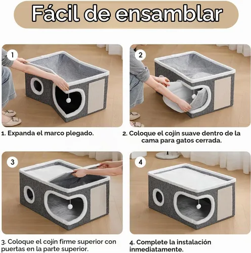 Vista 6 de Casas extra anchas para gatos de interior, cueva grande cubierta Gris