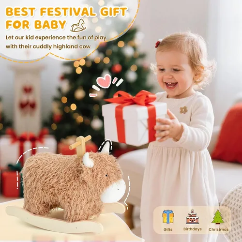 Vista 7 de Caballo mecedor para bebé de 1 año de edad, juguete mecedor de madera de vaca de juguete de peluche de madera para cuarto de niños, sala