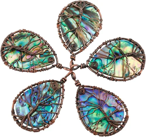 Vista 5 de SUNYIK - Collar con dije de concha de abulón en forma de árbol de la vida, joyas para mujer envueltas en alambre de cobre, de varias formas, cobre