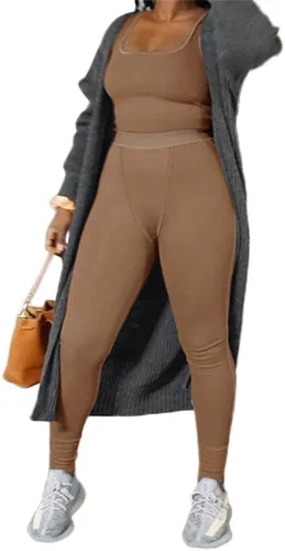 Vista 2 de Dobrila Conjunto de entrenamiento casual para mujer, 2 piezas, camiseta sin mangas acanalada, cintura alta, traje de gimnasio, leggings de yoga