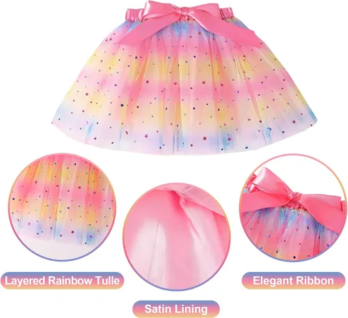 Vista 3 de K-Acc Conjunto de traje de cumpleaños de unicornio, vestido de falda tutú, camisa, diadema, banda de satén, vestido de fiesta de unicornio para niñas