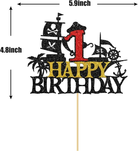 Vista 2 de Decoración para pastel de cumpleaños de 1er cumpleaños, barco pirata náutico de vela para primer cumpleaños, decoración de fiesta de cumpleaños