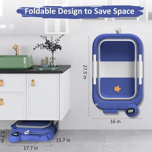 Vista 4 de Bañera plegable para recién nacidos a niños pequeños (0-24 meses), bañera portátil para bebés para viajes, bañera plegable con cojín suave y de Azul