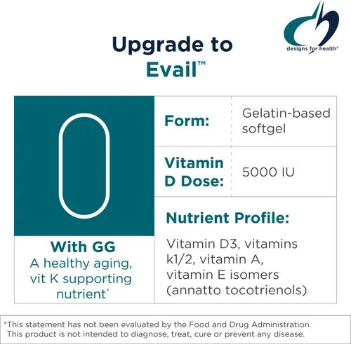 Vista 3 de Designs for Health ADK Evail - 5,000 UI de vitamina D3 con vitaminas A, E (Gamma Delta Tocotrienoles de Annatto), K (K1 + K2) - Complejo de vitamina