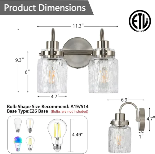 Vista 2 de 2 luces de tocador de baño, lámparas de baño de níquel cepillado con pantalla de vidrio martillado para tocador, sobre espejo, pasillo