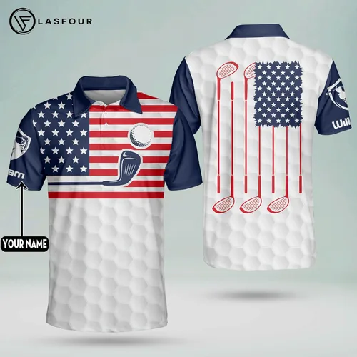 Vista 6 de LASFOUR Polo de golf personalizado divertido para hombre, orgulloso de golf, bandera estadounidense, polo patriótico 3D de golf para hombre