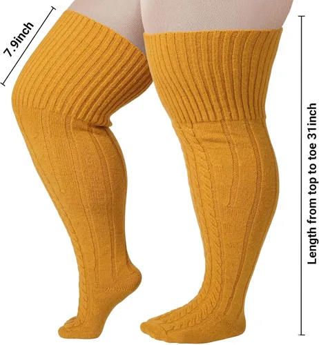 Vista 2 de Calcetines altos de lana de talla grande para muslos gruesos, extra largos para mujer, de punto trenzado cálido sobre la rodilla, calentadores